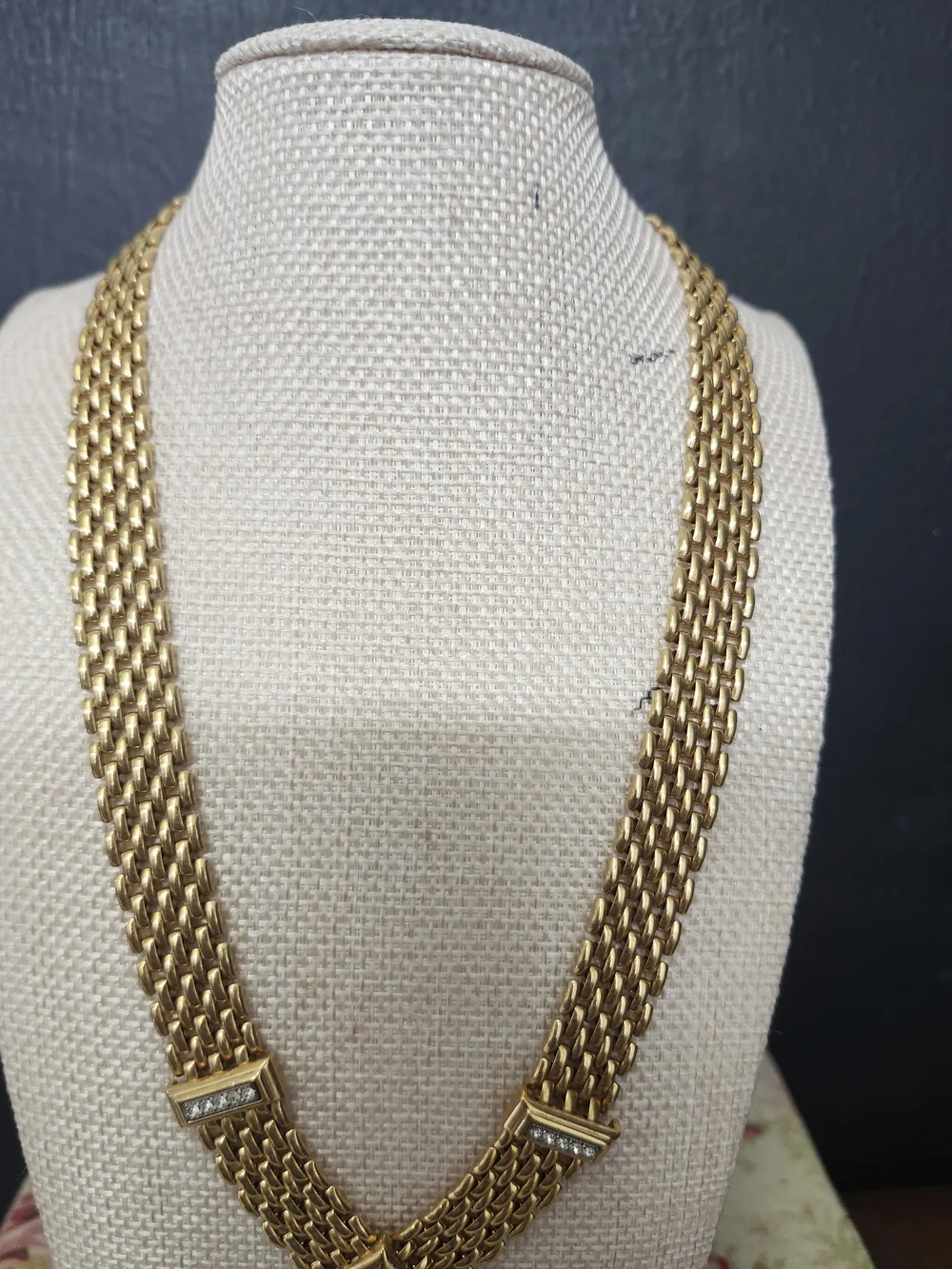 Avon Gold-Tone Double Row Chain Necklace with Pavé Square Accents